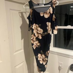 Navy Blue Floral Cold Shoulder Dress
